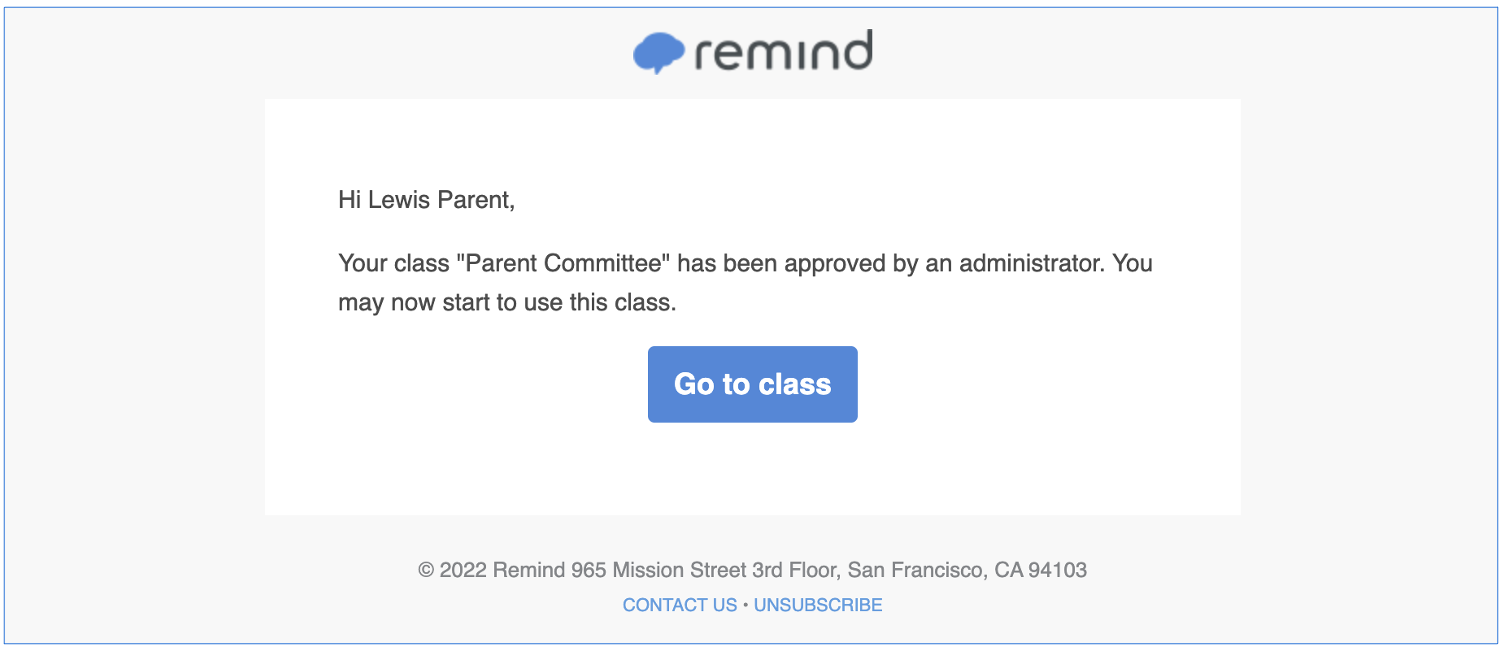 Class approval email for Parent Committee class