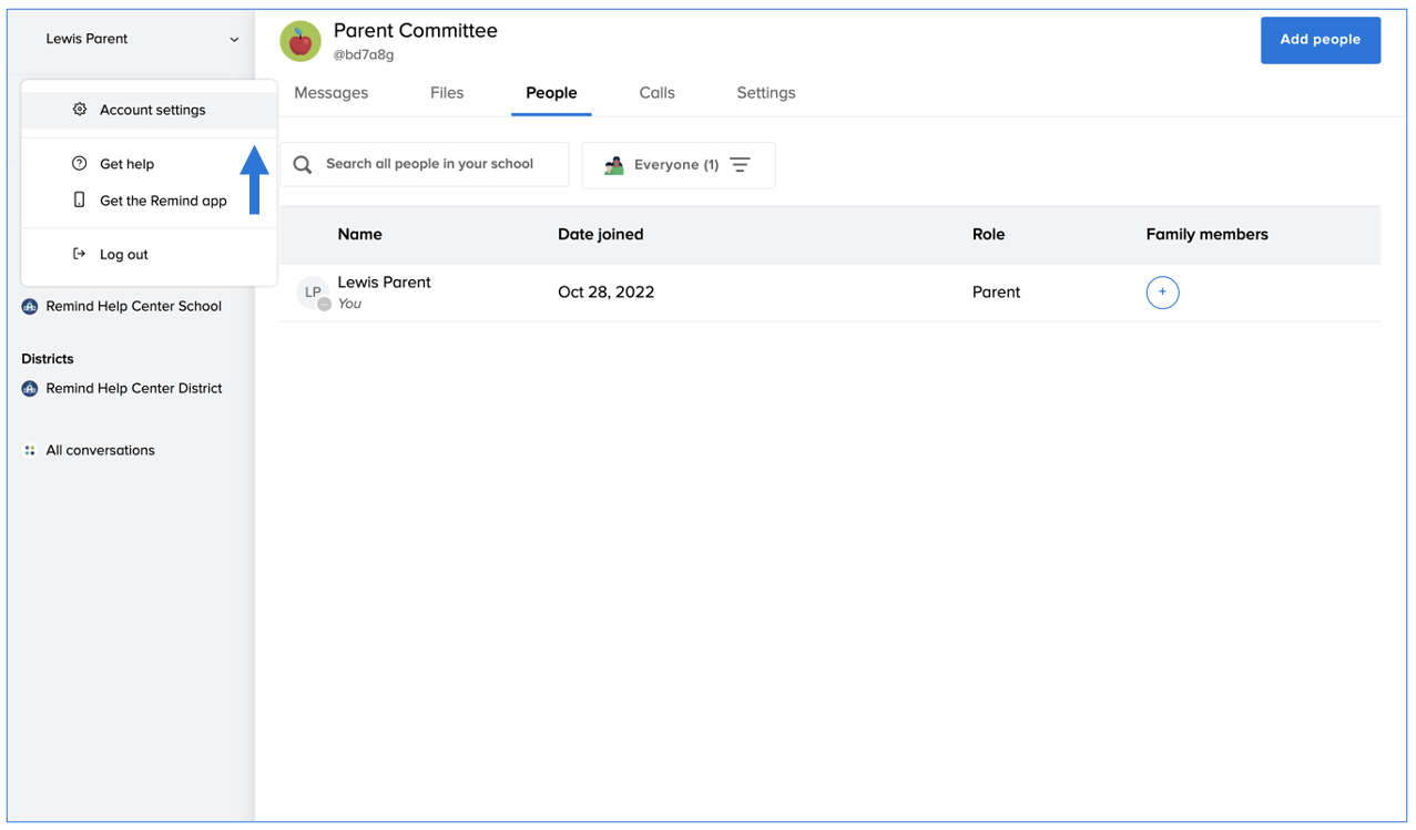 Parent Committee class page with arrow pointing at Account settings on the left side navigation bar