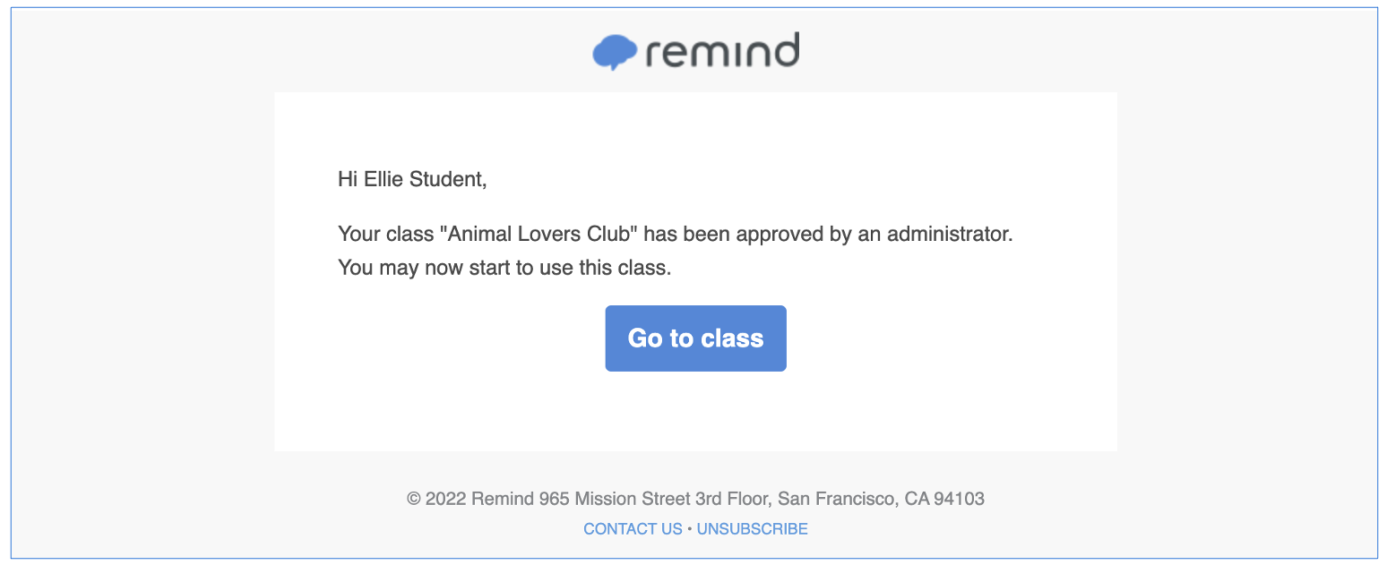 Class approval email for Animal Lovers Club class