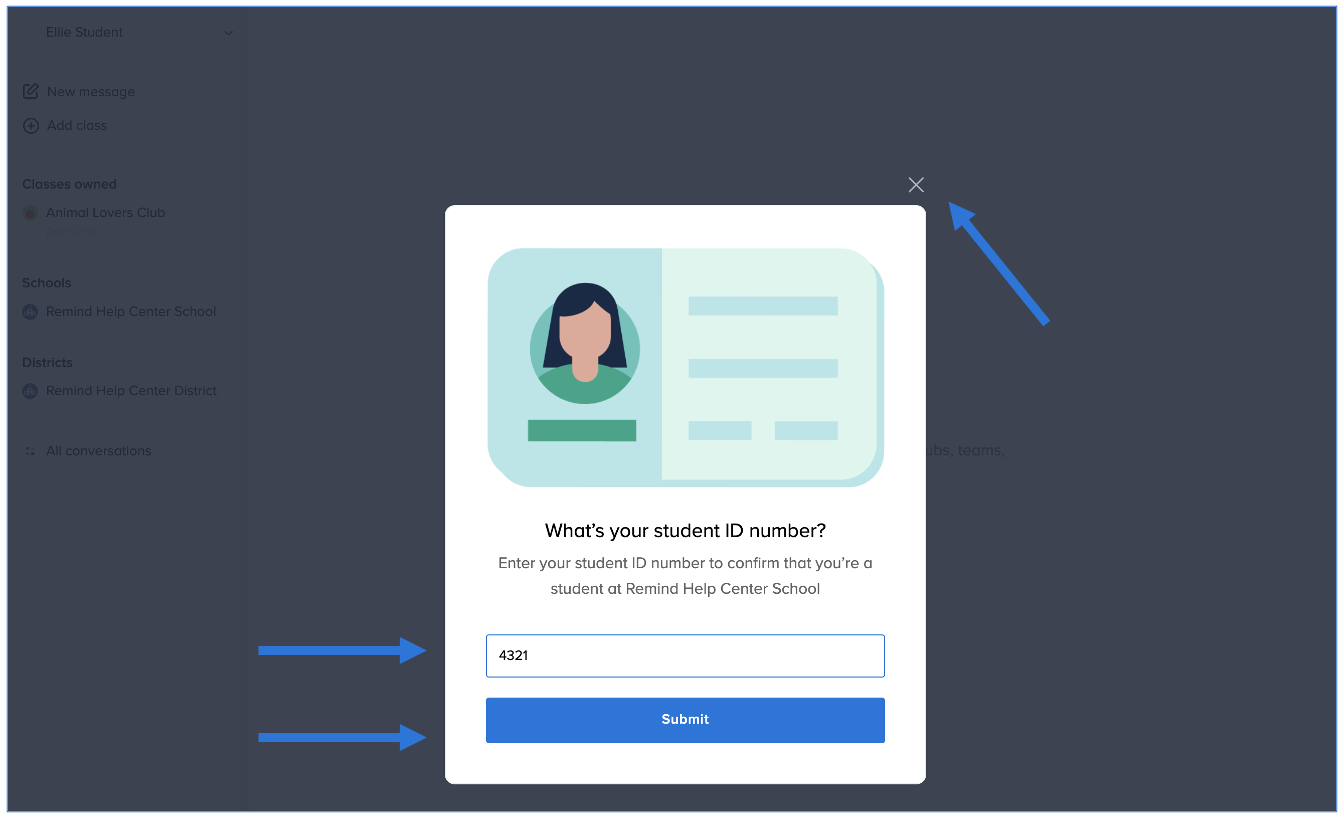 Student ID with arrows pointing at student ID number, Submit button, and X button