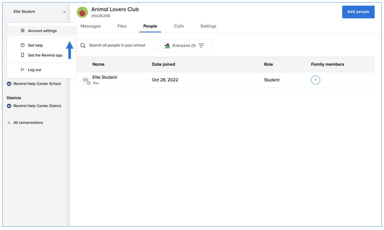 Animal Lovers Club class page with arrow pointing at Account settings on left side navigation bar