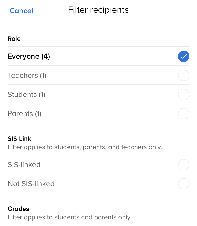 Filter recipients page displaying roles sis link and grades with everyone box selected