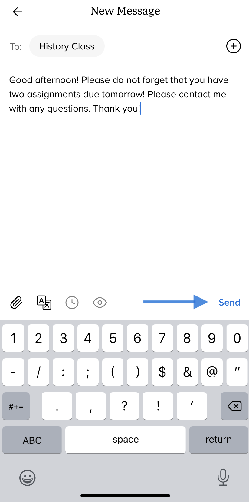 Compose message screen with a message about assignment deadline and an arrow pointing at the send button