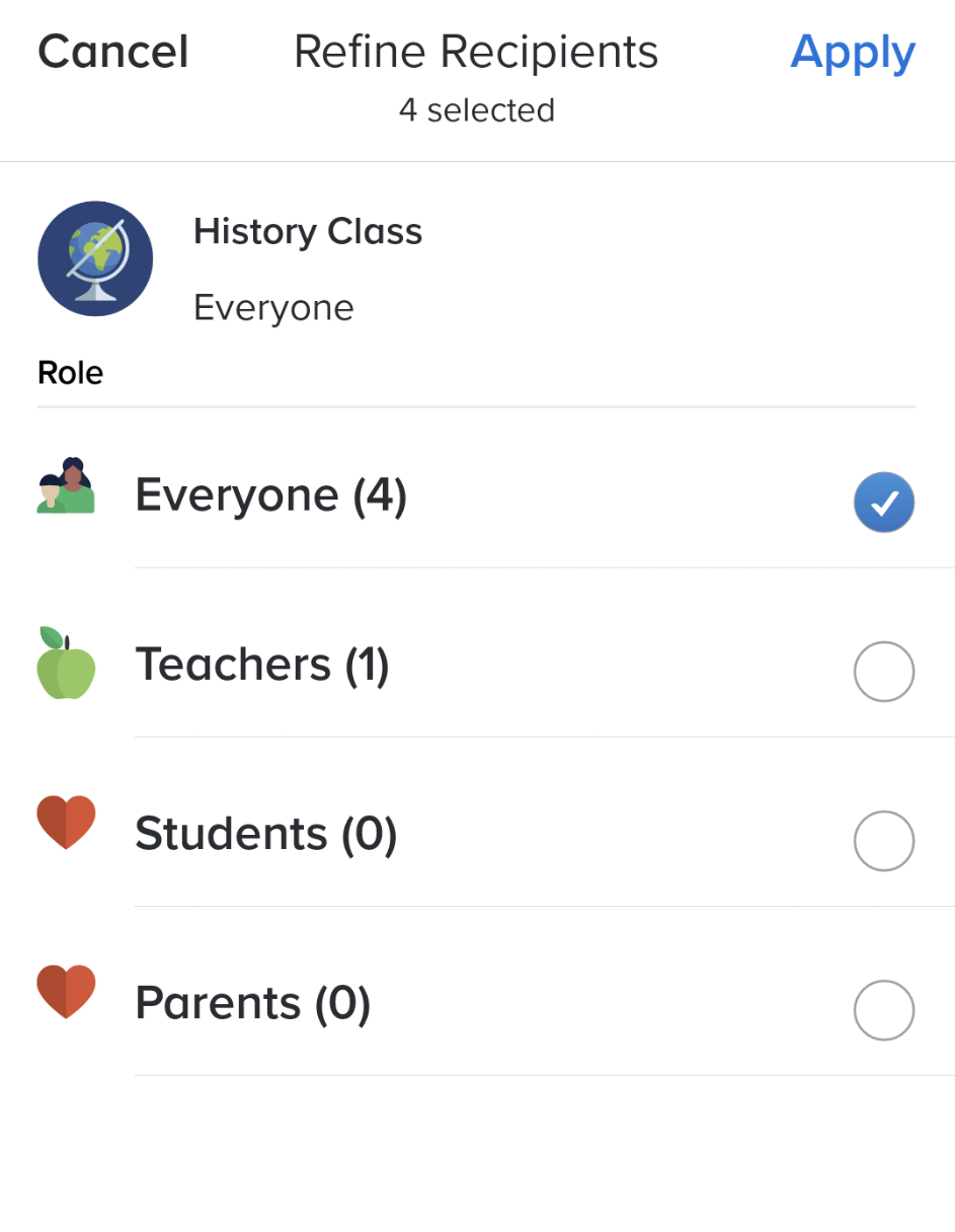 Filter recipients page displaying roles with everyone box selected