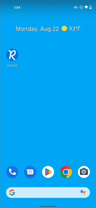 Animation with opening of Remind app on Android, tapping on class with notification in navigation bar, going to Homeroom class page, tapping on new message, writing reply to new message