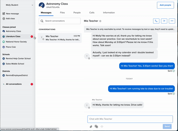 Animation of selecting Literature Class that has new message notification, typing a response in the composer box and clicking send