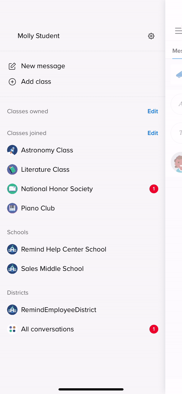 Animation with navigation bar going to National Honor Society page to new message, to opening message and responding to message