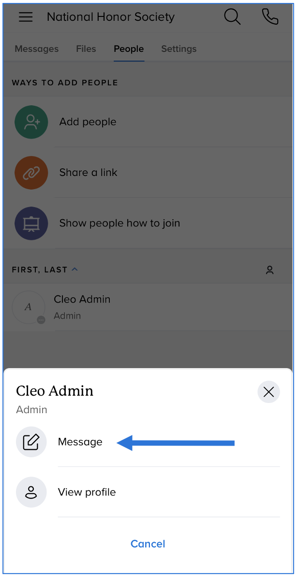 Admin name with options for message or view profile underneath, arrow pointing at message