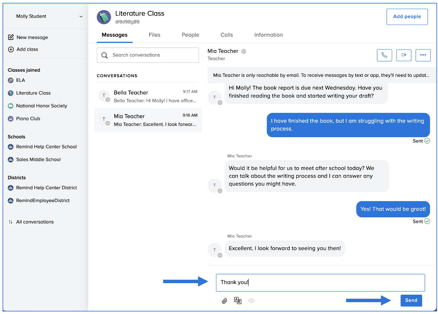 Message between teacher and student with student writing in the composer box, arrows pointing to composer box and send button 