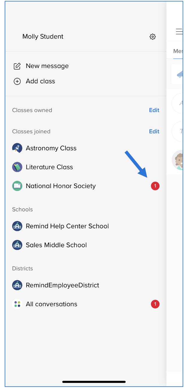 iOS Remind arrow pointing to red notification next to National Honor Society on navigation bar