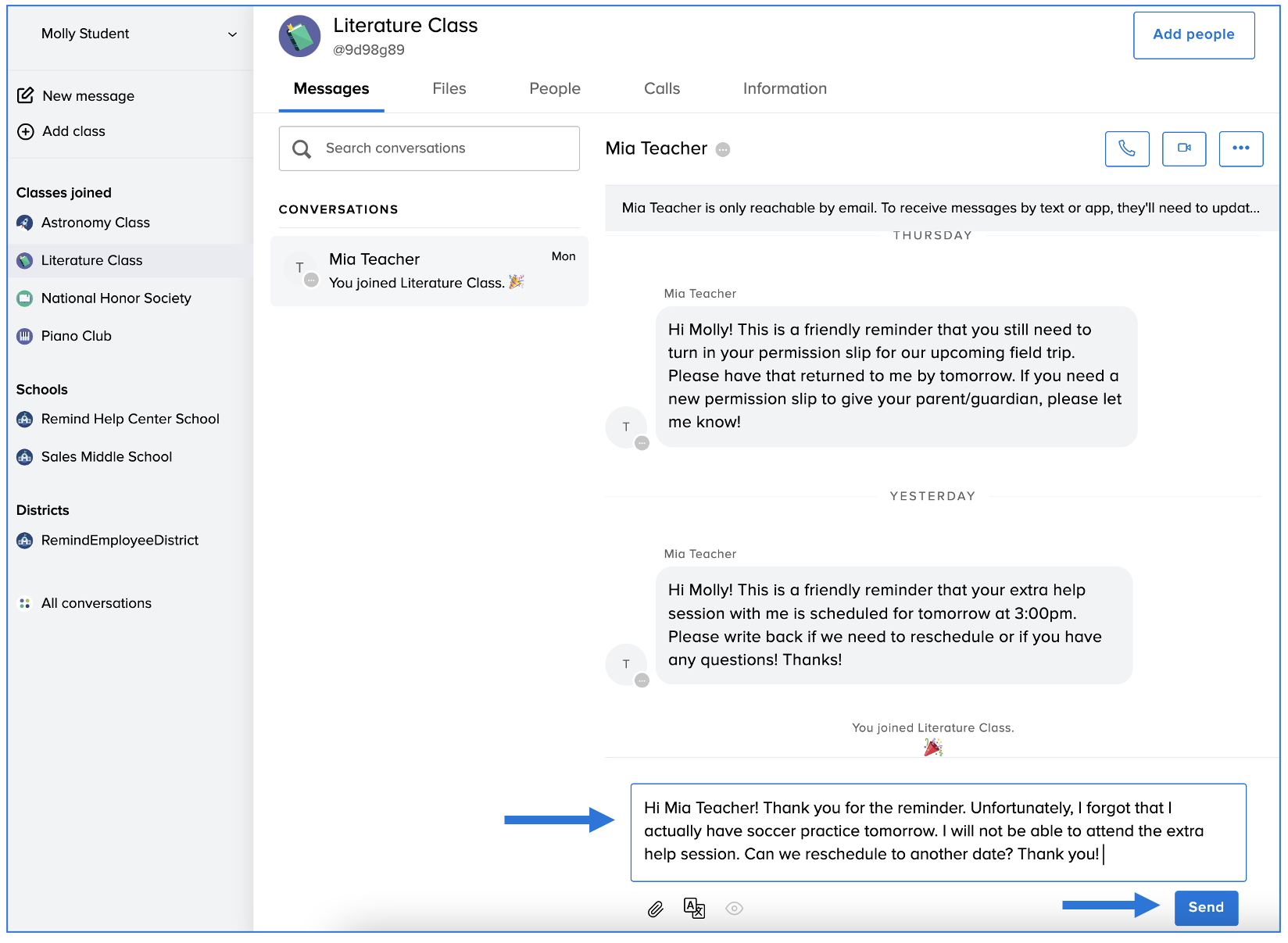 Conversation between teacher and student with student writing in the composer box, arrows pointing at composer box and send button
