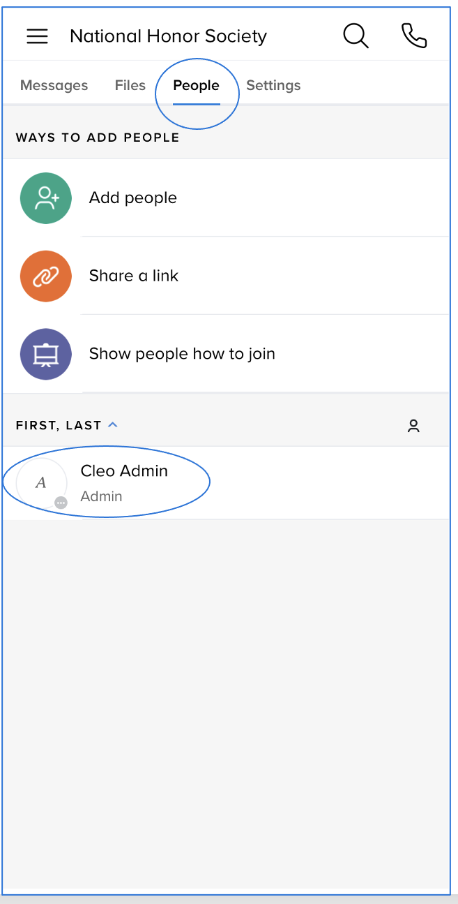 National Honor Society page with circle around People tab and circle around Cleo Admin name