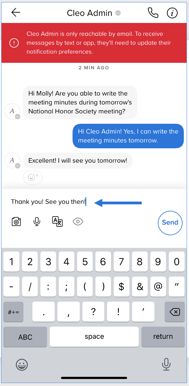 Conversation thread with Cleo Admin, arrow pointing at typed message in composer box, circle around Send button