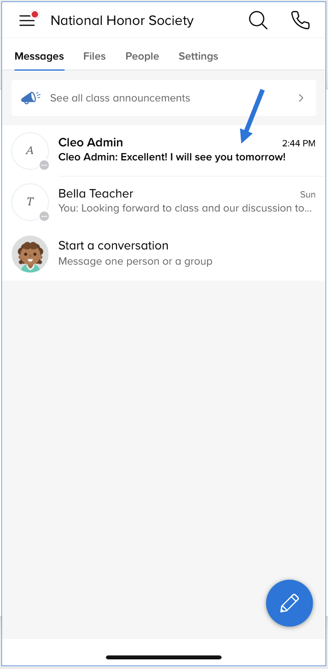Arrow pointing at bolded new message from Cleo Admin