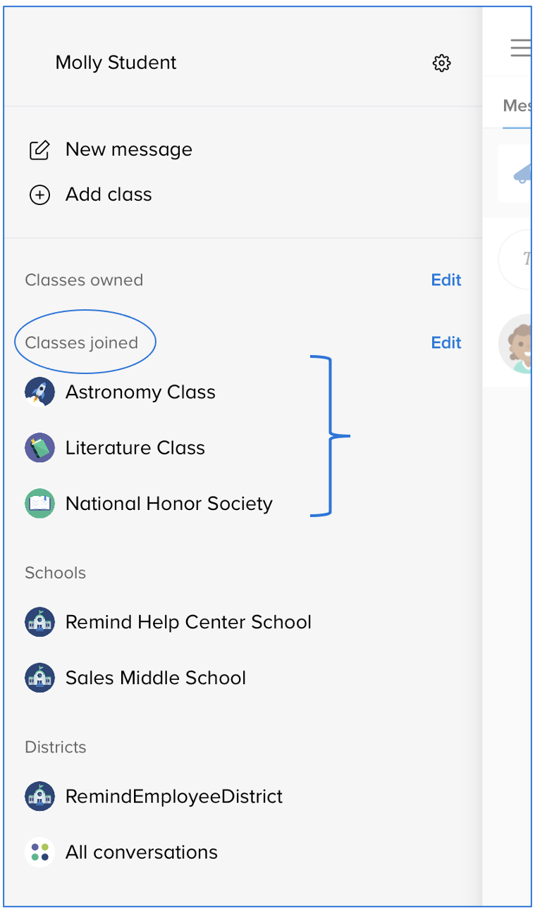 Left navigation sidebar with circle around classes joined label and a bracket around the classes
