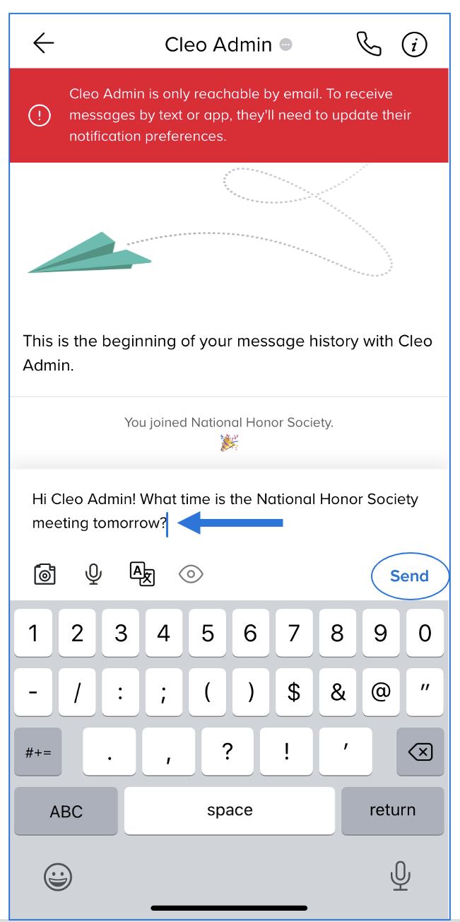 Conversation thread with Cleo Admin with message typed in composer box and arrow pointing at the message, circle around Send button