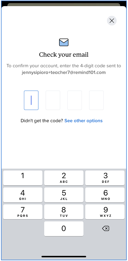 Verification code screen with four boxes to enter code