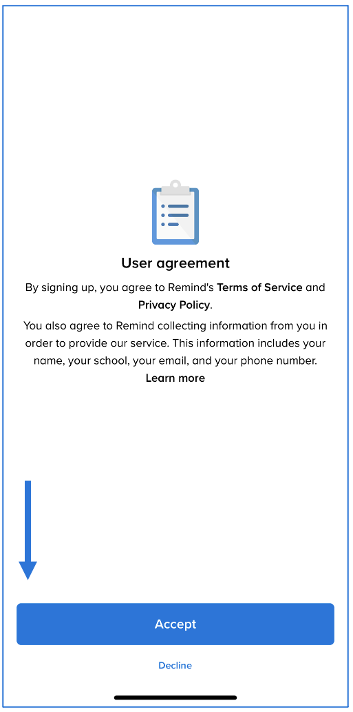 User agreement screen with arrow pointing to Accept button