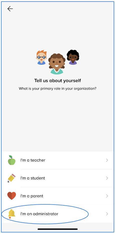 Tell us about yourself screen with user roles and a circle around I'm an administrator option