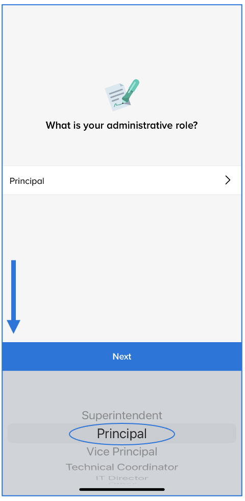 Administrator role screen with dropdown, principal selected, arrow pointing to Next button