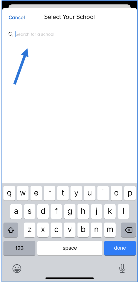 Select your school screen with arrow pointing at search bar