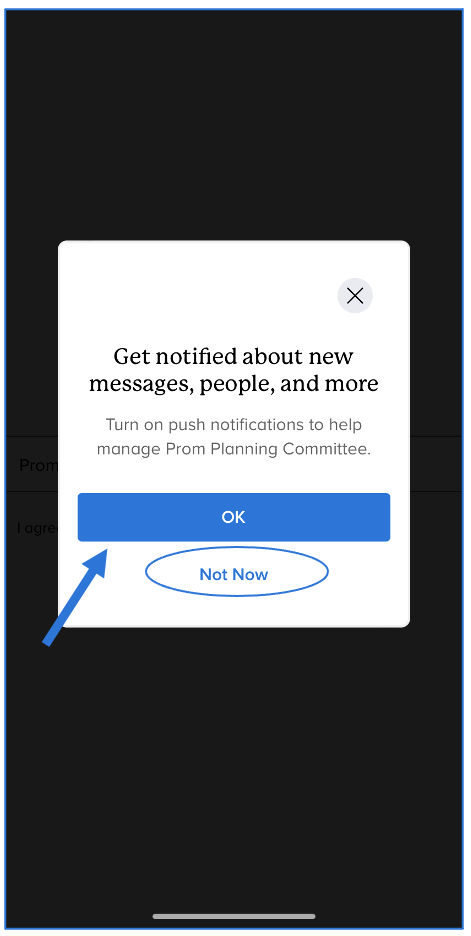 Notification preferences screen pop-up with arrow pointing to OK button and circle around Not Now option