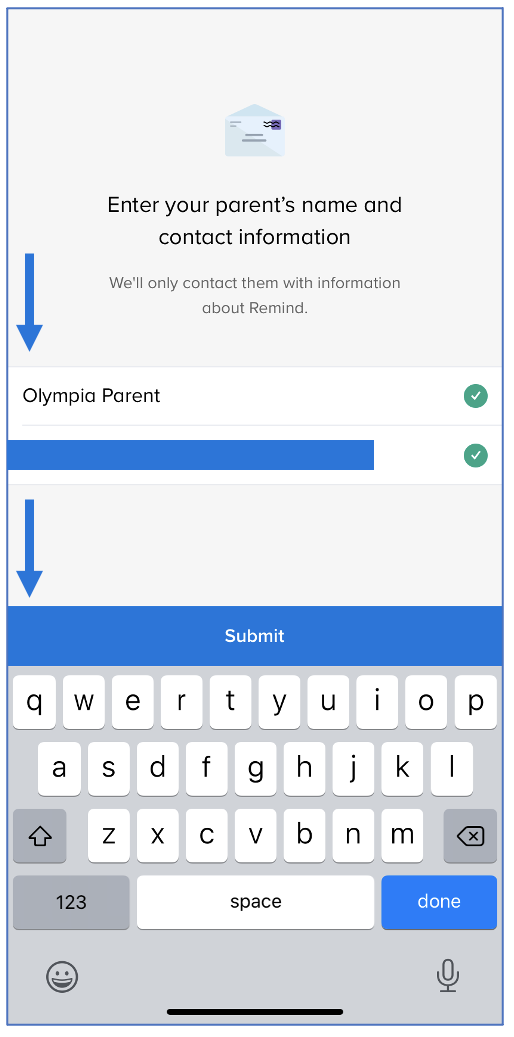 Enter your parent's name and contact information screen with arrow pointing to parent information and arrow pointing to Submit button