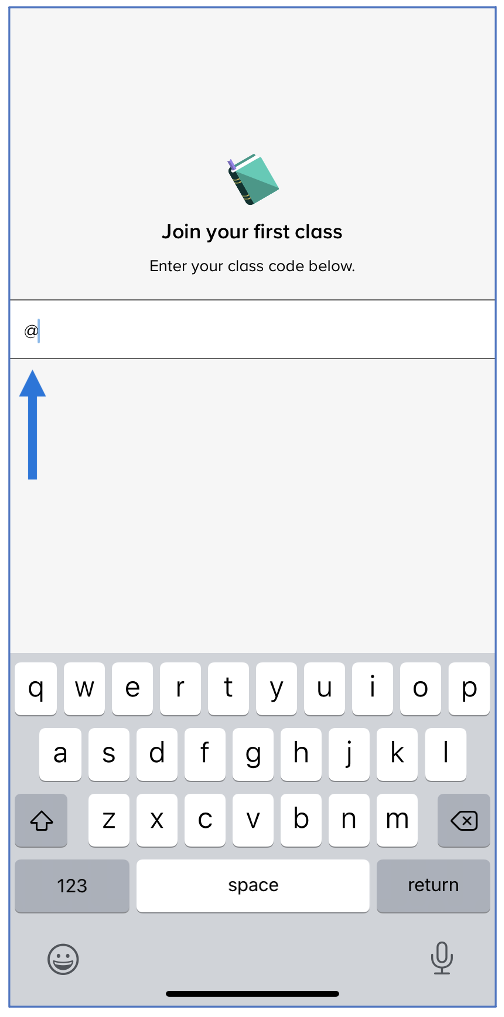 Join your first class screen with arrow pointing at class code box