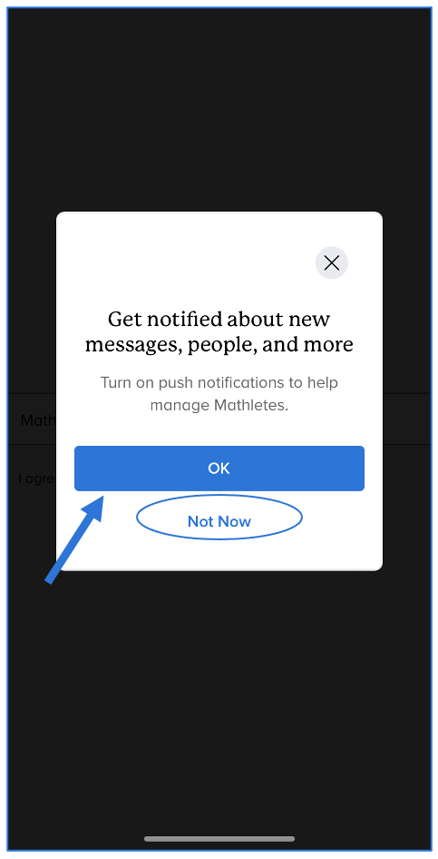 Set up notifications screen with arrow pointing to OK button and circle around Not Now option