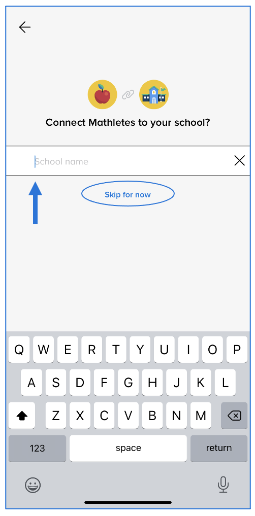 Connect Mathletes to your school screen with arrow pointing at school name box and circle around Skip for now option