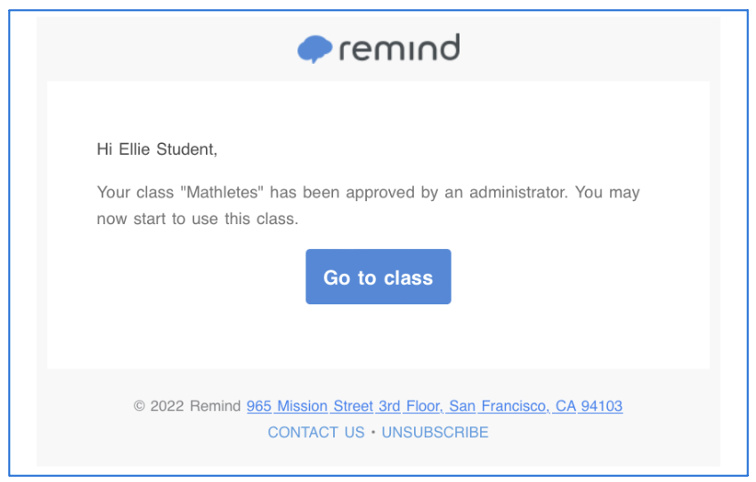 Email notification that Matheletes class has been approved by an administrator