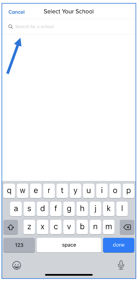 Select your school screen with arrow pointing at search bar