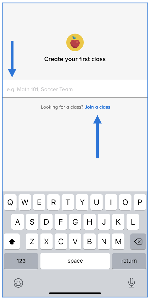 Teacher screen with arrows pointing at create your first class or join a class