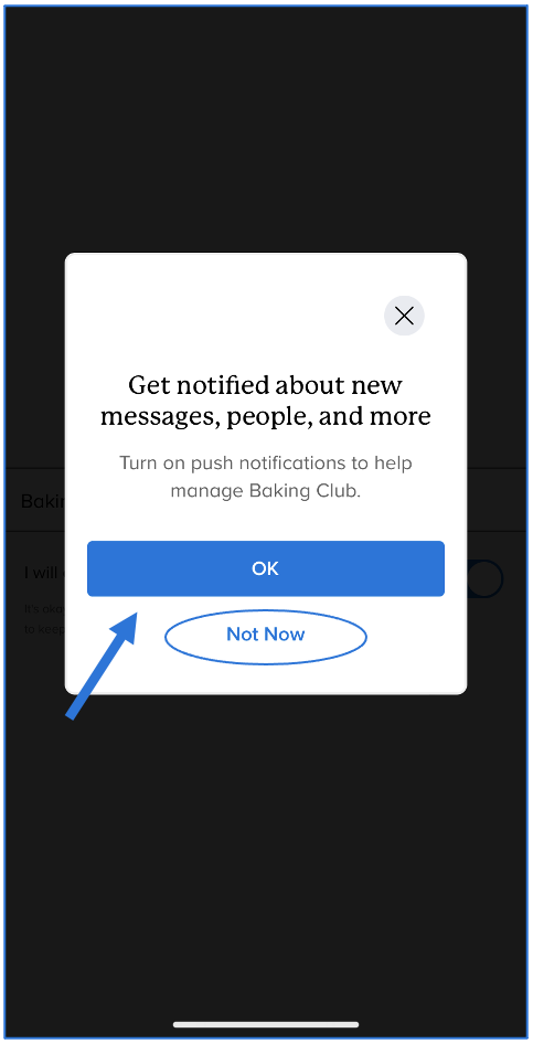 Teacher notification option pop-up that asks if user wants to turn on push notifications with arrow pointing to OK button and circle around Not Now option
