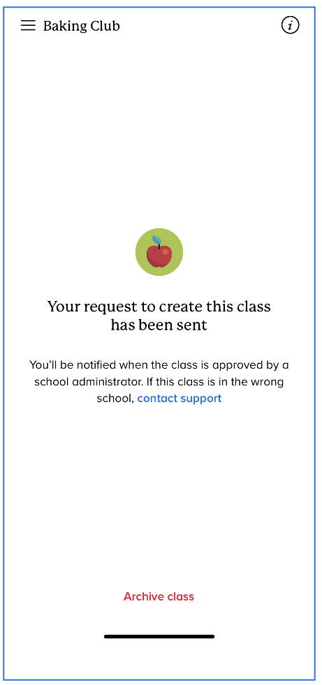 Baking Club class main screen in user's account shows that their request for class approval has been sent