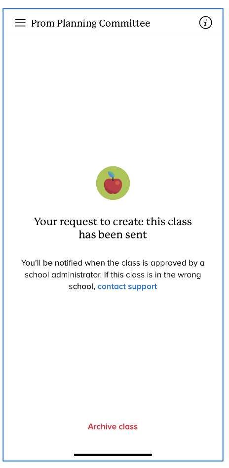 Your request to create this class has been sent screen