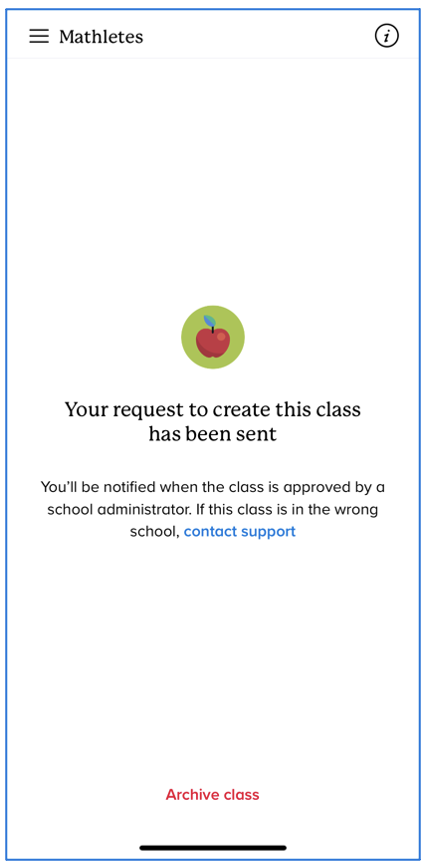Your request to create this class has been sent screen