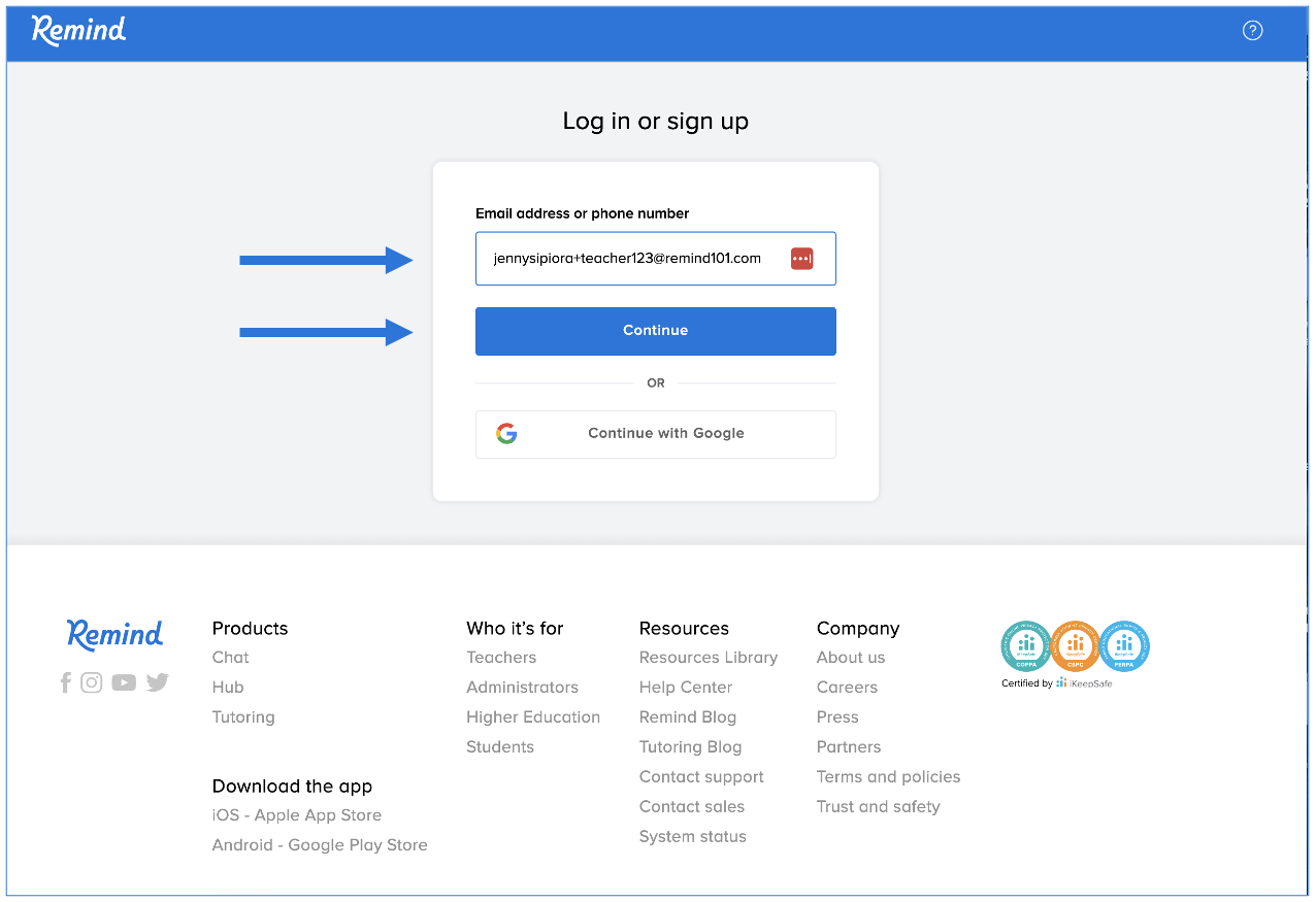 Sign up page with email address typed into box, arrows pointing at email box and Continue button