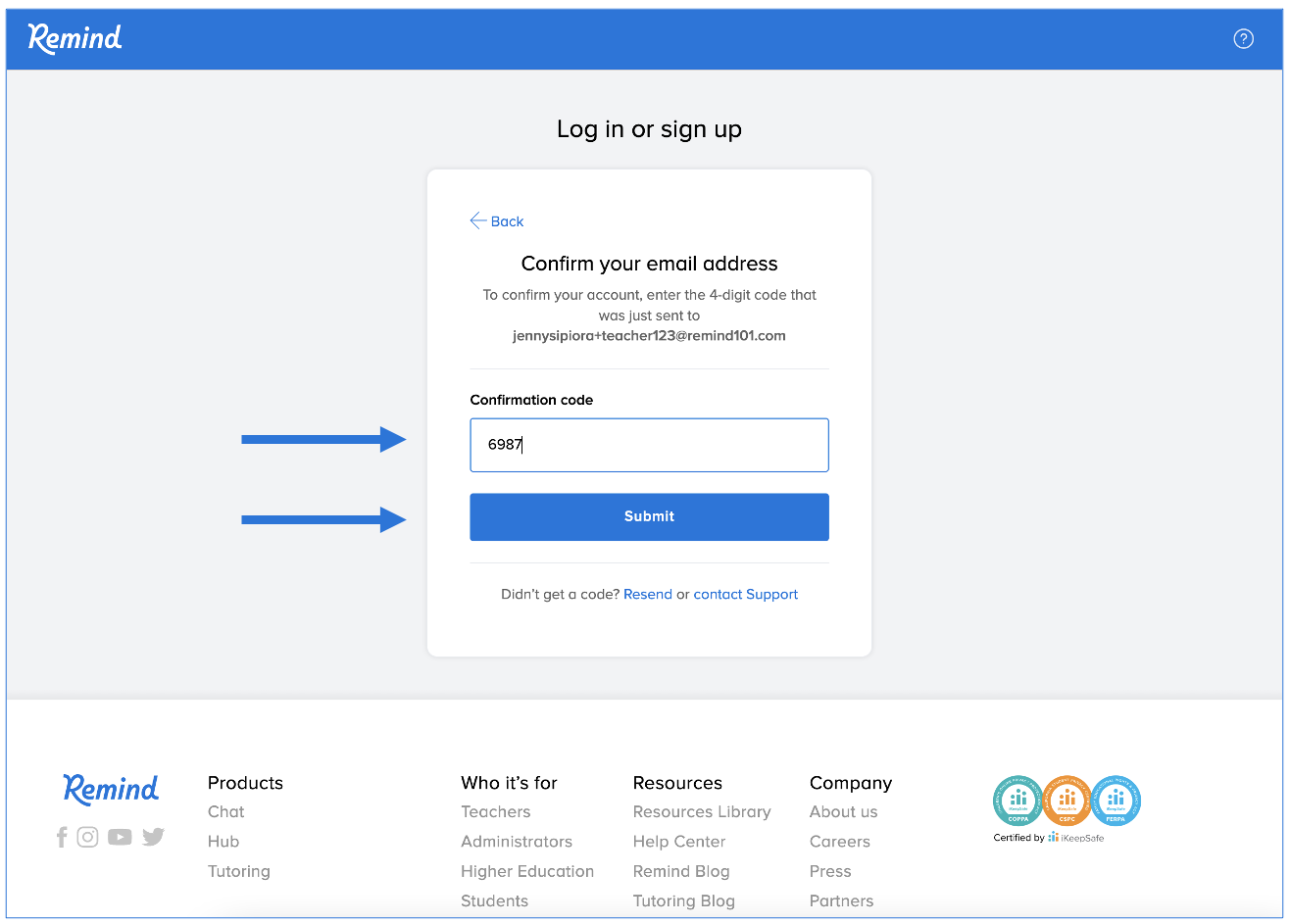 Confirmation page, confirmation code typed into confirmation code box with arrows pointing at confirmation code box and Submit button