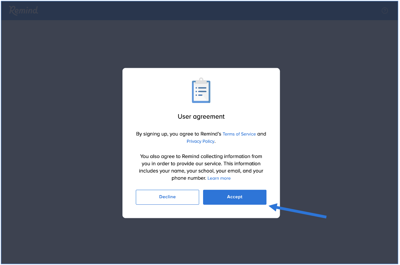 User agreement with options for Decline and Accept, arrow pointing at Accept button