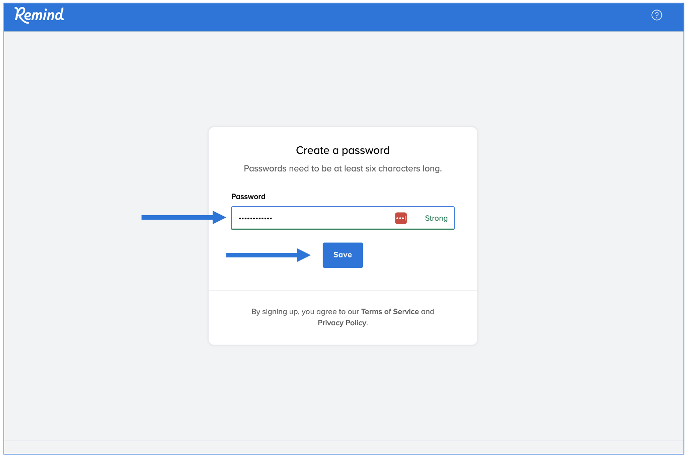 Create a password page with password typed into password box, arrows pointing at password box and Save button