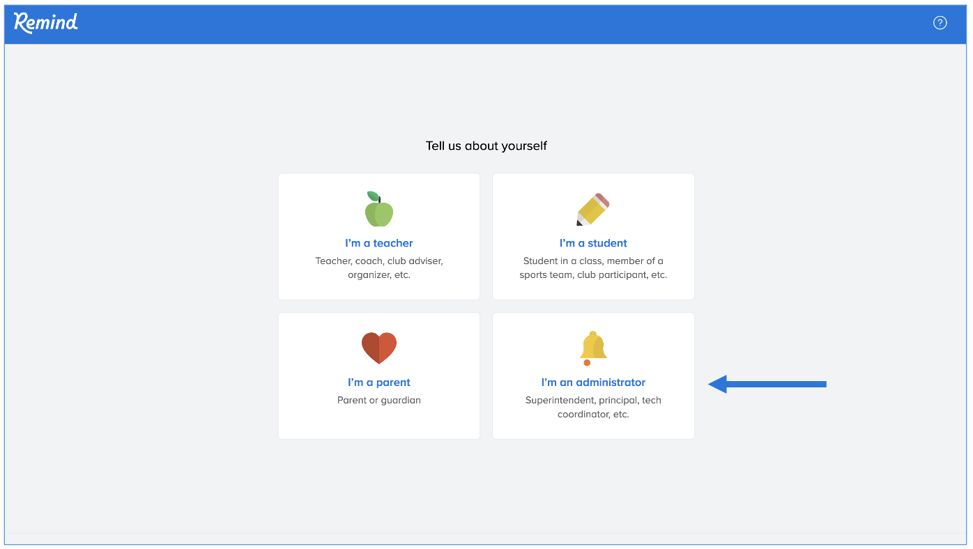 Tell us about yourself page with arrow pointing at administrator box