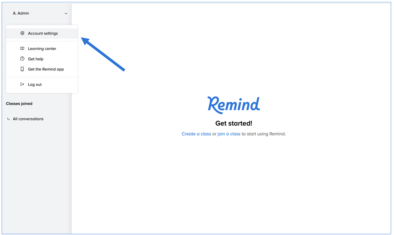 Get Started page with dropdown showing options on the left side navigation bar, arrow pointing at Account settings