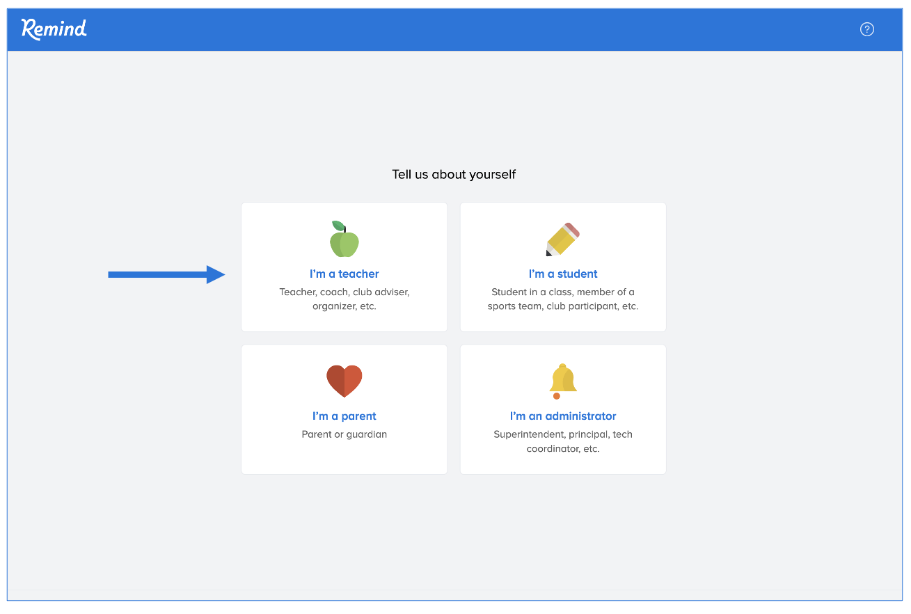 Tell us about yourself page with arrow pointing at teacher box