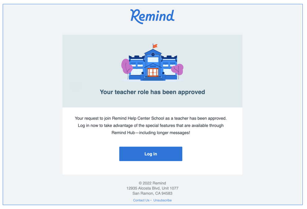 Teacher role approval message from Remind Help Center School