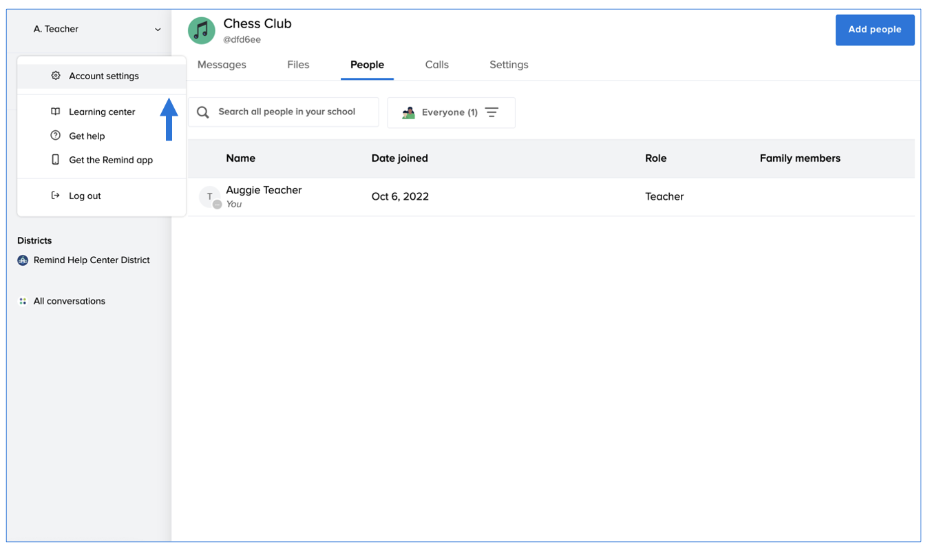 Chess club class page with dropdown showing options on the left side navigation bar, arrow pointing at Account settings