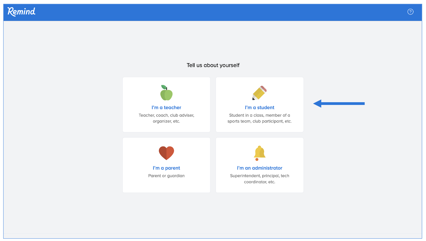 Tell us about yourself page with arrow pointing at student box