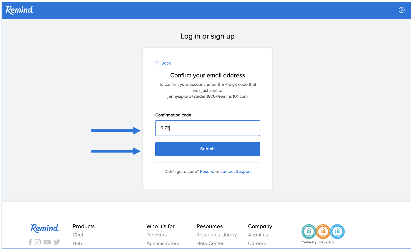 Confirmation page, confirmation code typed into confirmation code box with arrows pointing at confirmation code box and Submit button