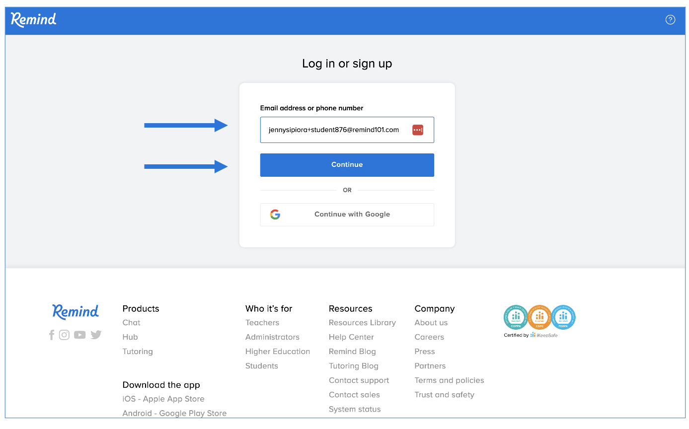 Sign up page with email address typed into box, arrows pointing at email box and Continue button