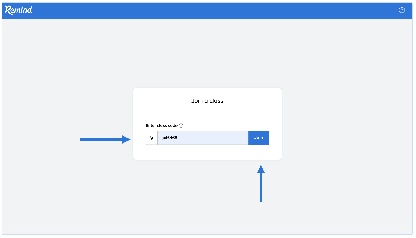 Join a class page, arrows pointing at class code box with code typed in, and Join button
